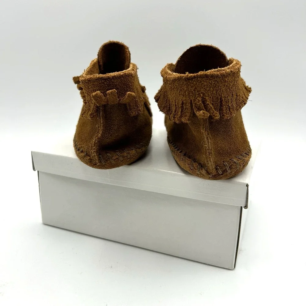 Vtg Minnetonka Brown Suede Moccasin Booties Infant Sz6 PaPooShu Fringe Boho Baby